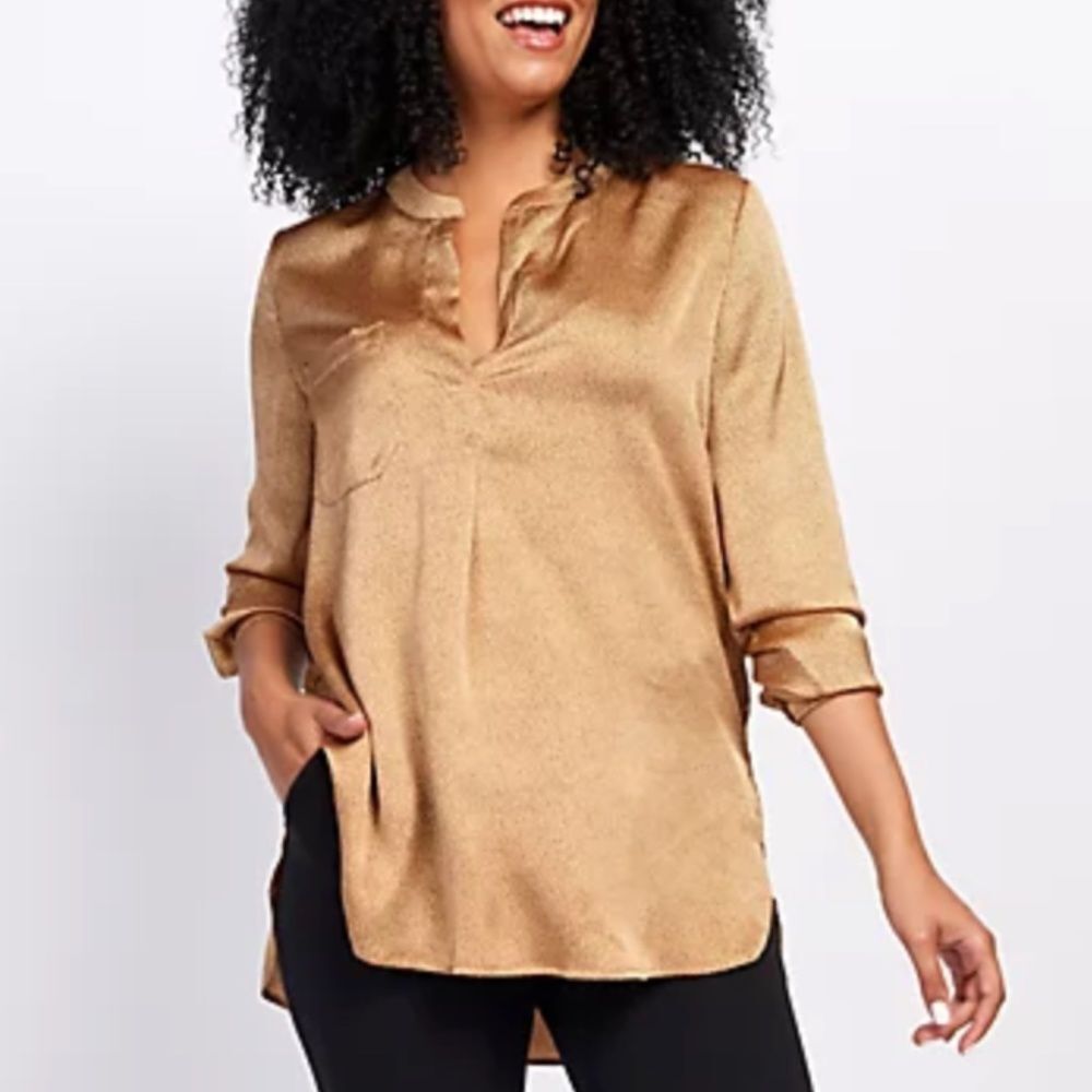 Bishop & Young NWT Blouse Tunic Top Gold Cheetah Print Black Dot Lg Sleeve Sz L